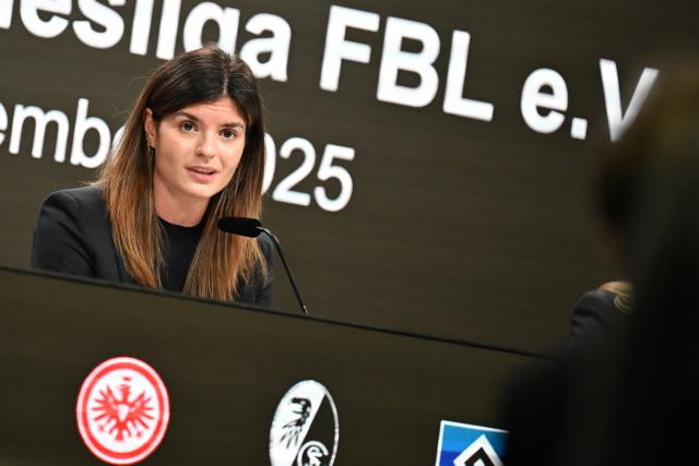 10 December 2025, Hesse, Frankfurt/Main: Katharina Kiel from Eintracht Frankfurt speaks during a press conference, after the founding of the Women's Bundesliga League Association at the Deutsche Bank Park Frankfurt. Photo: Michael Brandt/dpa