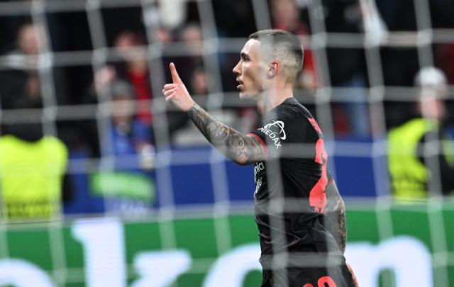 10 December 2025, North Rhine-Westphalia, Leverkusen: Leverkusen's Alejandro Grimaldo celebrates scoring his side's second goal during the UEFA Champions League soccer match between Bayer Leverkusen and Newcastle United at BayArena. Photo: Federico Gambarini/dpa