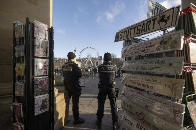 11 December 2025, Baden-Württemberg, Stuttgart: Police officers stand in Stuttgart city center, before the UEFA Europa League soccer match between VfB Stuttgart and Maccabi Tel Aviv at the MHPArena. Photo: Marijan Murat/dpa