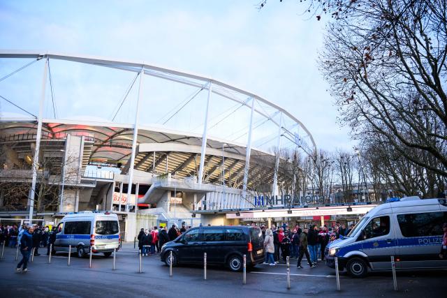 11 December 2025, Baden-Wuerttemberg, Stuttgart: Police vehicles are positioned outside the stadium ahead of the UEFA Europa League soccer match between VfB Stuttgart and Maccabi Tel Aviv at MHPArena. Photo: Tom Weller/dpa