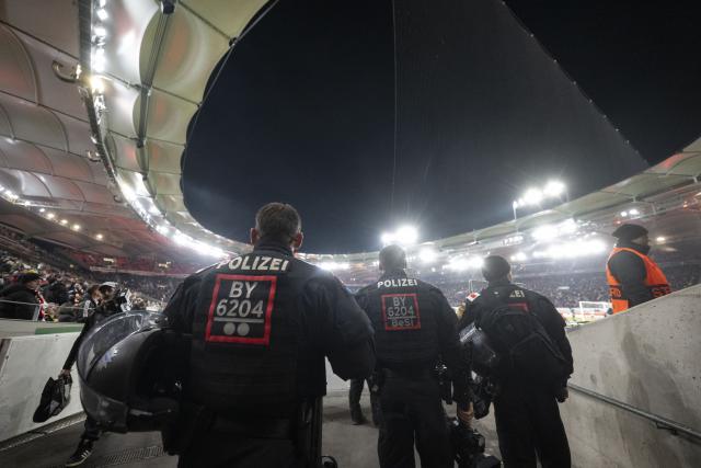 11 December 2025, Baden-Wuerttemberg, Stuttgart: Police patrol the stadium ahead of the UEFA Europa League soccer match between VfB Stuttgart and Maccabi Tel Aviv at MHPArena. Photo: Marijan Murat/dpa