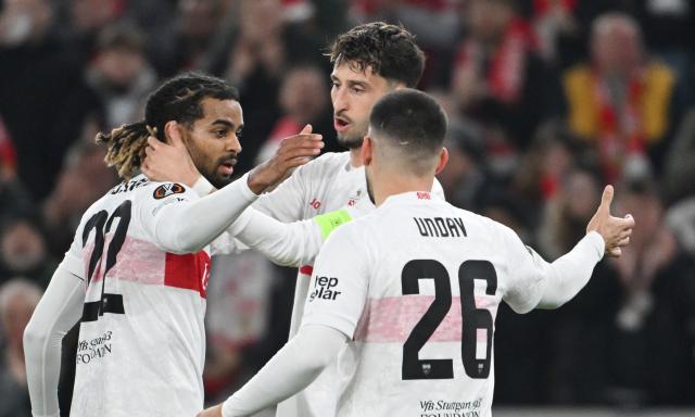 11 December 2025, Baden-Wuerttemberg, Stuttgart: Stuttgart's Lorenz Assignon (L) celebrates after scoring his side's first goal of the game during the UEFA Europa League soccer match between VfB Stuttgart and Maccabi Tel Aviv at MHPArena. Photo: Marijan Murat/dpa