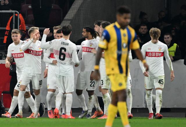 11 December 2025, Baden-Wuerttemberg, Stuttgart: Stuttgart's players celebrate after scoring his side's third goal of the game during the UEFA Europa League soccer match between VfB Stuttgart and Maccabi Tel Aviv at MHPArena. Photo: Marijan Murat/dpa