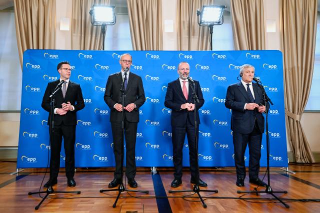 12 December 2025, Baden-Württemberg, Heidelberg: (L-R) Manuel Hagel, Chairman of the CDU parliamentary group in the Baden-Wuerttemberg state parliament, Federal Chancellor Friedrich Merz, Manfred Weber, Party and Group Chairman of the European People's Party, and Antonio Tajani, Foreign Minister of Italy, give a joint press conference at the end of a meeting of the EPP Group Bureau in the European Parliament. Photo: Uwe Anspach/dpa