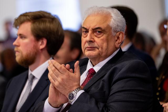 FILED - 07 October 2025, Brandenburg, Potsdam: Russian ambassador to Germany Sergey Yuryevitch Nechayev (R) attends the BSW parliamentary group's exhibition "War and Peace," featuring works by artist couple Lea and Hans Grundig, at the Brandenburg State Parliament. Photo: Fabian Sommer/dpa