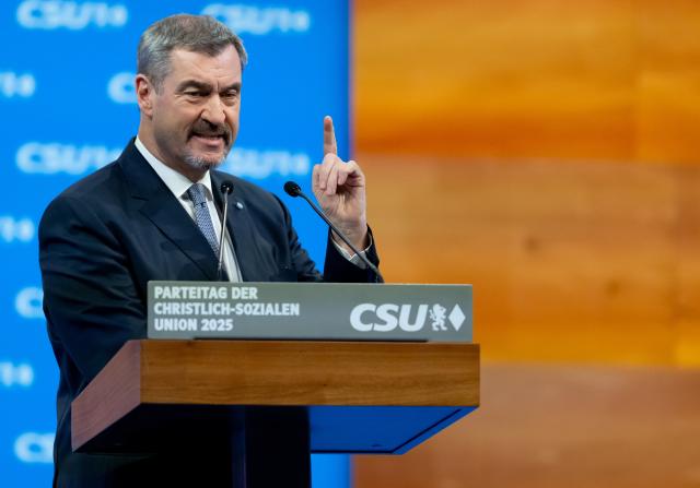12 December 2025, Bavaria, Munich: Christian Social Union in Bavaria (CSU) Chairman and Minister President of Bavaria Markus Soeder speaks during the CSU party conference in the exhibition hall. Photo: Sven Hoppe/dpa