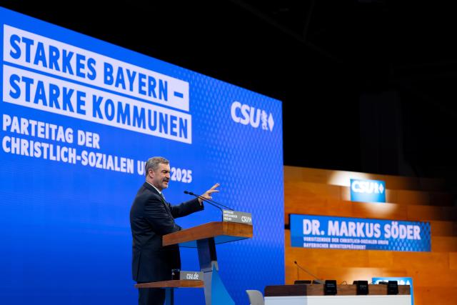 12 December 2025, Bavaria, Munich: Christian Social Union in Bavaria (CSU) Chairman and Minister President of Bavaria Markus Soeder speaks during the CSU party conference in the exhibition hall. Photo: Sven Hoppe/dpa