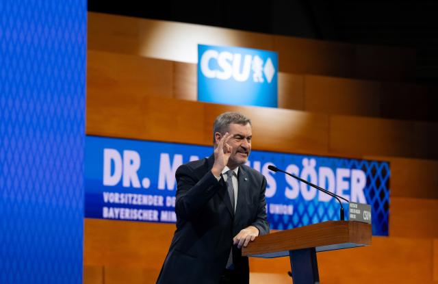 12 December 2025, Bavaria, Munich: Christian Social Union in Bavaria (CSU) Chairman and Minister President of Bavaria Markus Soeder speaks during the CSU party conference in the exhibition hall. Photo: Sven Hoppe/dpa