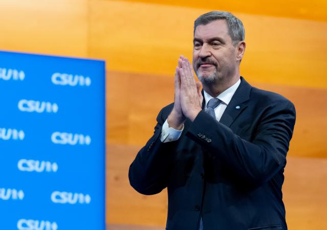 12 December 2025, Bavaria, Munich: Christian Social Union in Bavaria (CSU) Chairman and Minister President of Bavaria Markus Soeder reacts after his re-election as CSU Chairman at the CSU party conference in the exhibition hall. Photo: Sven Hoppe/dpa