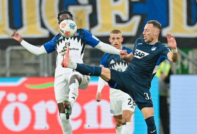 13 December 2025, Baden-Wuerttemberg, Sinsheim: Hamburger's Jordan Torunarigha (L) and Hoffenheim's Vladimir Coufal battle for the ball during the German Bundesliga soccer match between TSG 1899 Hoffenheim and Hamburger SV at PreZero Arena. Photo: Uwe Anspach/dpa - WICHTIGER HINWEIS: Gemäß den Vorgaben der DFL Deutsche Fußball Liga bzw. des DFB Deutscher Fußball-Bund ist es untersagt, in dem Stadion und/oder vom Spiel angefertigte Fotoaufnahmen in Form von Sequenzbildern und/oder videoähnlichen Fotostrecken zu verwerten bzw. verwerten zu lassen.