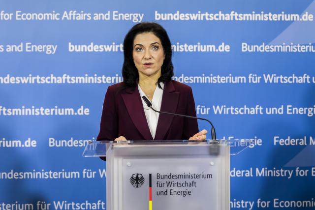 15 December 2025, Berlin: Katherina Reiche, German Minister for Economic Affairs and Energy, speaks during a press conference on the future of Meyer Werft at the German Ministry for Economic Affairs and Energy. Photo: Christoph Soeder/dpa