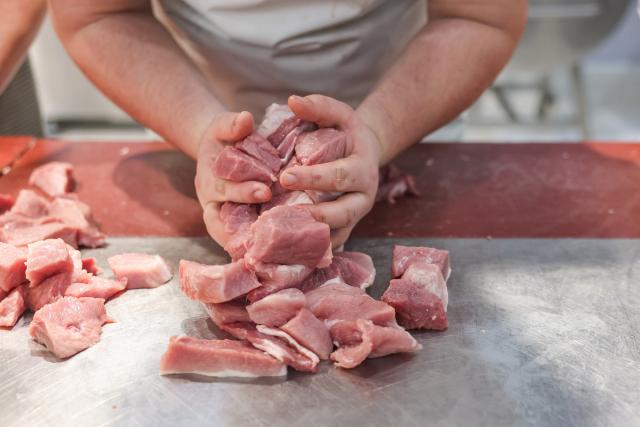 FILED - 12 February 2025, Saxony, Leipzig: A young butcher holds sliced pork in his hands at the stand of a foam butcher's shop at the "Handwerk live" trade fair. Photo: Jan Woitas/dpa