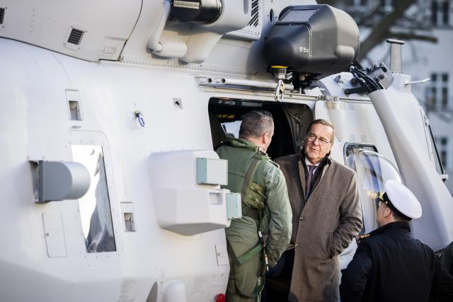 16 December 2025, Berlin: German Minister of Defense Boris Pistorius, attends the handover of the first new NH90 Sea Tiger helicopter to the German Navy at the German Ministry of Defense in Berlin. The Bundeswehr has ordered 31 of the new on-board helicopters, which can also be used in combat against submarines and ships. Photo: Christoph Soeder/dpa