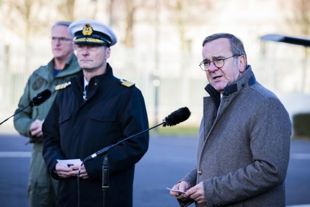 16 December 2025, Berlin: German Minister of Defense Boris Pistorius, speaks during the handover of the first new NH90 Sea Tiger helicopter to the German Navy at the German Ministry of Defense in Berlin. The Bundeswehr has ordered 31 of the new on-board helicopters, which can also be used in combat against submarines and ships. Photo: Christoph Soeder/dpa