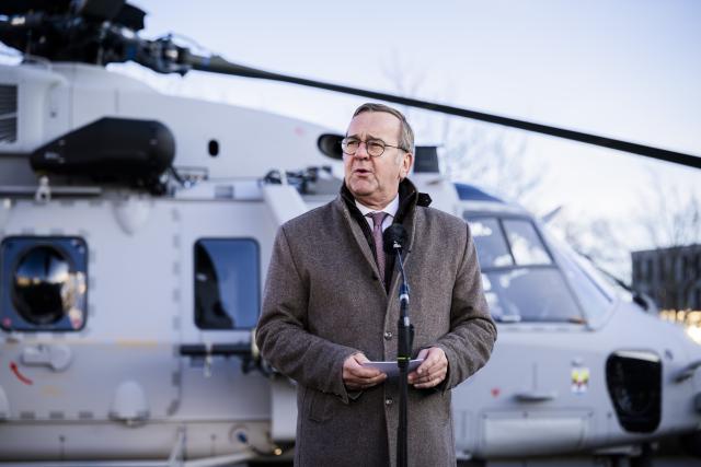 16 December 2025, Berlin: German Minister of Defense Boris Pistorius, speaks during the handover of the first new NH90 Sea Tiger helicopter to the German Navy at the German Ministry of Defense in Berlin. The Bundeswehr has ordered 31 of the new on-board helicopters, which can also be used in combat against submarines and ships. Photo: Christoph Soeder/dpa