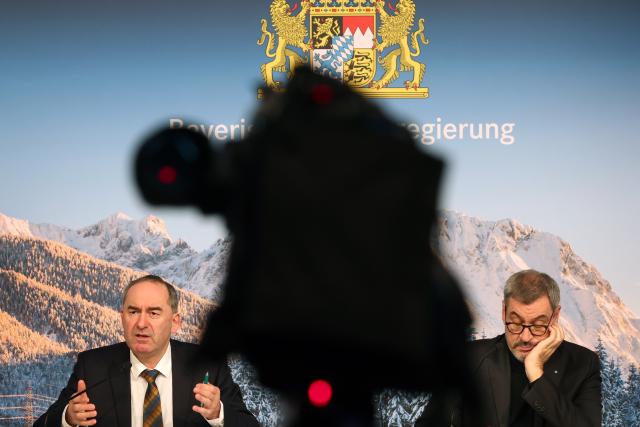 16 December 2025, Bavaria, Munich: Hubert Aiwanger (L), Bavarian Minister of Economic Affairs and Markus Soeder, Bavarian Minister President sit together at a press conference. Photo: Karl-Josef Hildenbrand/dpa