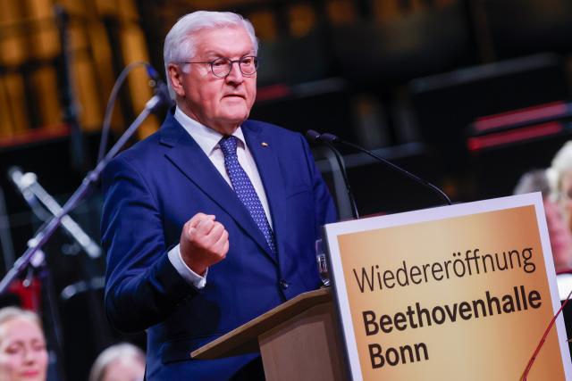 16 December 2025, North Rhine-Westphalia, Bonn: Germany's President Frank-Walter Steinmeier delivers a speech at the reopening of the Beethovenhalle Bonn. Photo: Thomas Banneyer/dpa