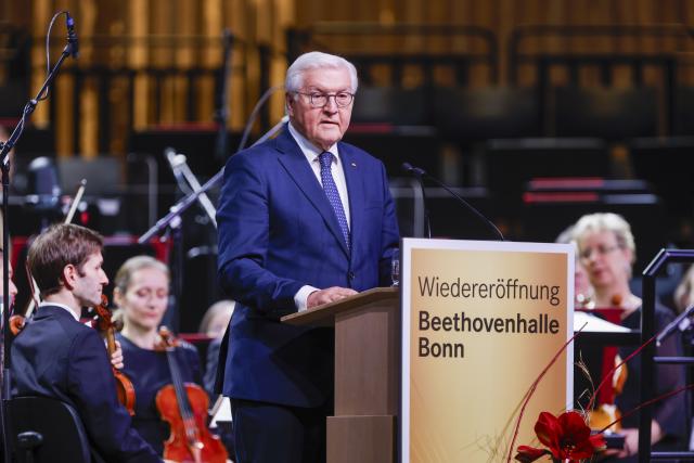 16 December 2025, North Rhine-Westphalia, Bonn: Germany's President Frank-Walter Steinmeier delivers a speech at the reopening of the Beethovenhalle Bonn. Photo: Thomas Banneyer/dpa