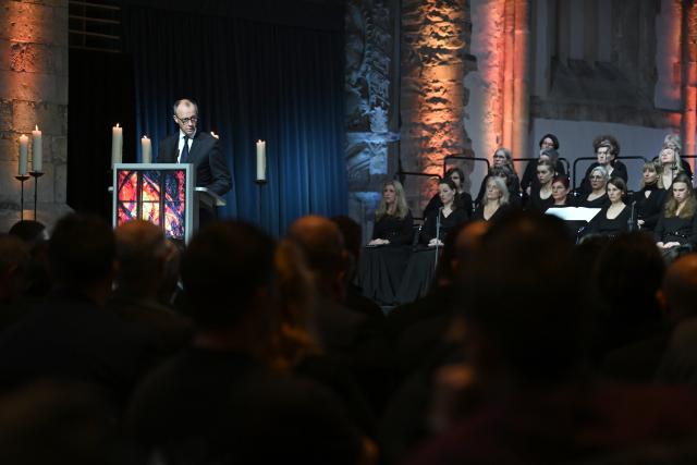 20 December 2025, Saxony-Anhalt, Magdeburg: Germany's Chancellor Friedrich Merz speaks at St. John's Church during the memorial service for those affected and bereaved one year after the attack on the Magdeburg Christmas market. On 20 December 2024, a man drove a car into a crowd, killing five women and a child and injuring more than 300 people. Photo: Hendrik Schmidt/dpa