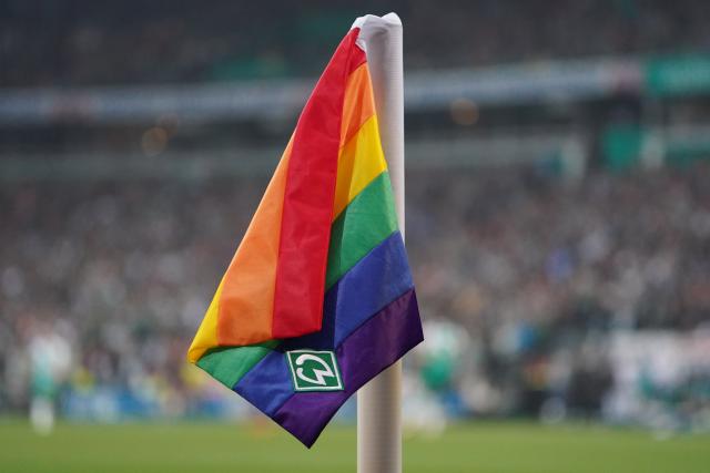 FILED - 06 May 2023, Bremen: A corner flag in rainbow colors is seen at Wohninvest Weserstadion in Bremen. Iran wants to prevent their World Cup match against Egypt in Seattle being declared a Pride Match by the local community in celebration of the LGBTQ+ movement. Photo: Marcus Brandt/dpa