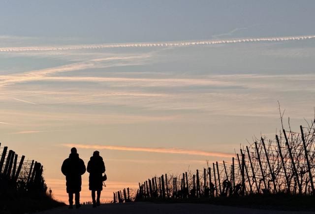 26 December 2025, Baden-Wuerttemberg, Fellbach: People walk along a vineyard during the sunset. Photo: Marijan Murat/dpa