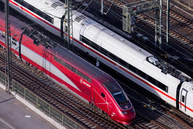 FILED - 12 November 2025, North Rhine-Westphalia, Cologne: A Deutsche Bahn ICE long-distance train and a Eurostar enters the main station via the Hohenzollern Bridge. Photo: Rolf Vennenbernd/dpa
