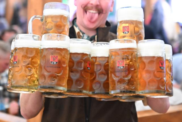 FILED - 26 September 2025, Stuttgart: A waiter carries several beer mugs at the opening of the Cannstatter Wasen folk festival in Stuttgart. Photo: Bernd Weißbrod/dpa