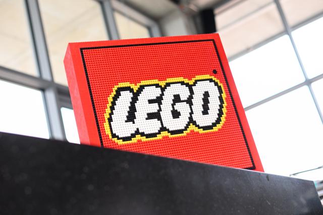 FILED - 25 May 2022, Bavaria, Munich: A general view of the Lego company logo built from bricks at the Lego Summer Birthday Bash anniversary event. Photo: Tobias Hase/dpa