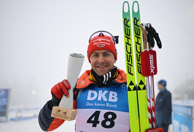 08 January 2026, Thuringia, Oberhof: Germany's second-placed Philipp Nawrath celebrates after the Men's Sprint 10 km competition of the IBU Biathlon World Cup in Oberhof. Photo: Hendrik Schmidt/dpa