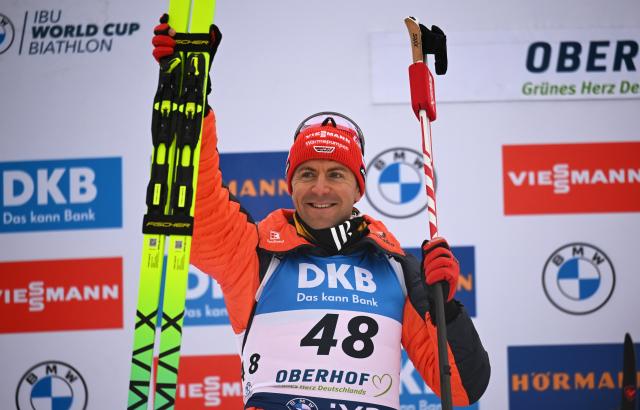 08 January 2026, Thuringia, Oberhof: Germany's second-placed Philipp Nawrath celebrates on the podium after the Men's Sprint 10 km competition of the IBU Biathlon World Cup in Oberhof. Photo: Hendrik Schmidt/dpa