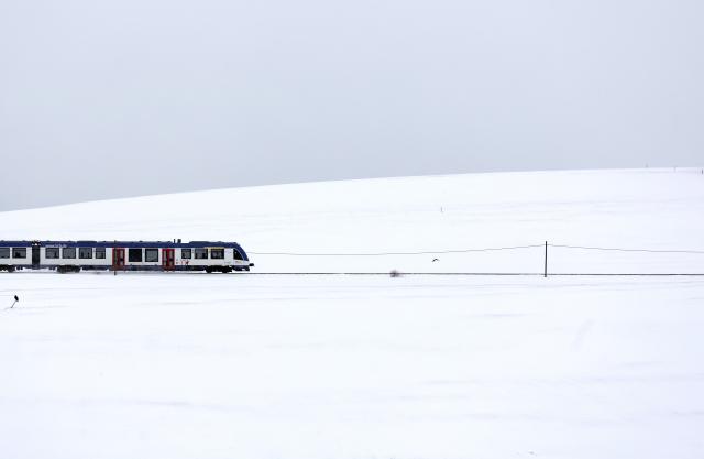 08 January 2026, Bavaria, Marktoberdorf: A regional train travels through the snow-covered landscape in Marktoberdorf. Photo: Karl-Josef Hildenbrand/dpa