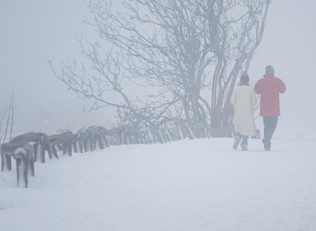 09 January 2026, Hesse, Schmitten: Walkers cross the Feldberg plateau in a storm and thick fog. Photo: Hannes P. Albert/dpa