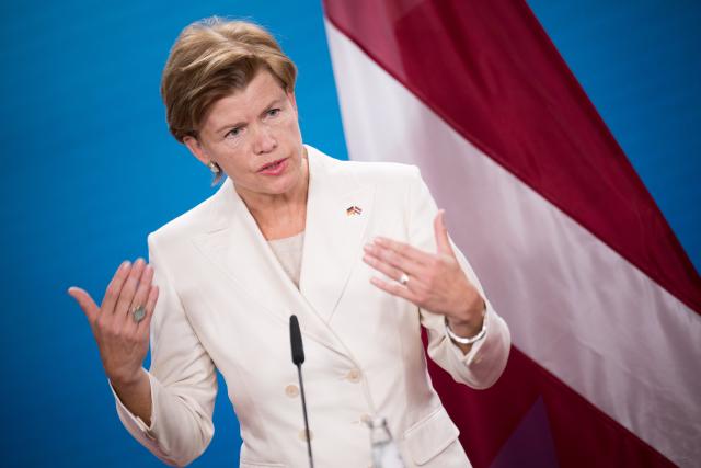 FILED - 01 July 2024, Berlin: Baiba Braze, Foreign Minister of Latvia, speaks during a joint press conference with Annalena Baerbock, Foreign Minister of Germany, at the Federal Foreign Office in Berlin. Photo: Sebastian Gollnow/dpa