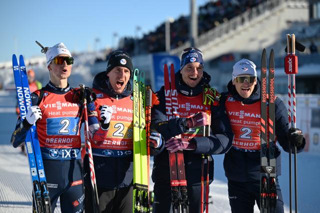 11 January 2026, Thuringia, Oberhof: France's team of (L-R) Eric Perrot, Quentin Fillon, Emilien Jacquelin and Fabien Claude, celebrate their secomd place in the finish area of the Men's Relay 4 x 7.5 km competition of the IBU Biathlon World Cup in Oberhof. Photo: Hendrik Schmidt/dpa