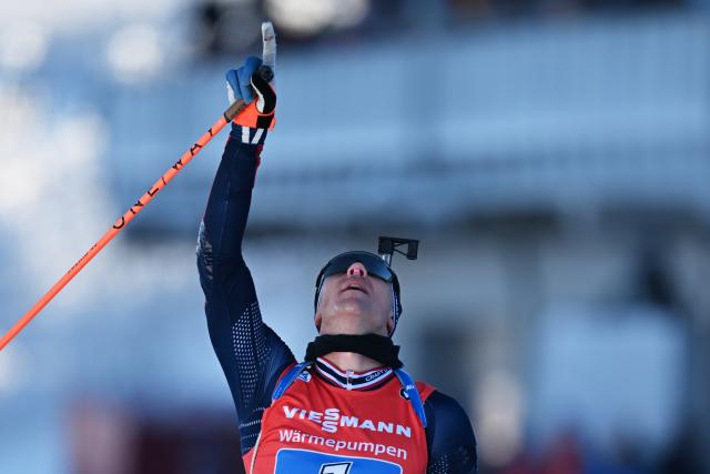 11 January 2026, Thuringia, Oberhof: Norway's Vetle Sjaastad Christiansen celebrates in the finish area of the Men's Relay 4 x 7.5 km competition of the IBU Biathlon World Cup in Oberhof. Photo: Hendrik Schmidt/dpa