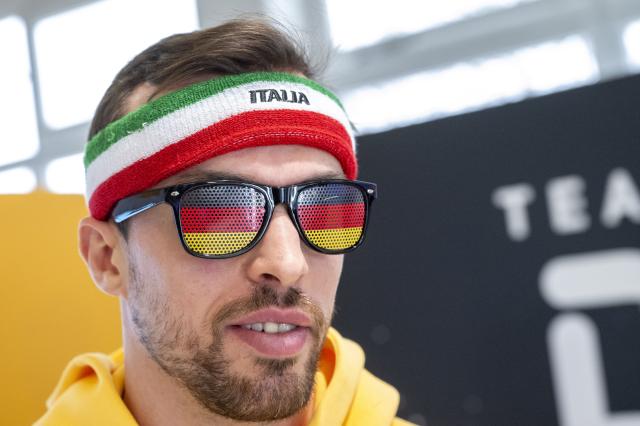 12 January 2026, Bavaria, Munich: German ice hockey player Fabio Wagner wears an Italian-style headband and black, red, and gold goggles as he suits up for the Olympic Winter Games Milano Cortina 2026. Photo: Peter Kneffel/dpa