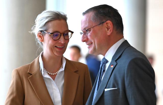 13 January 2026, Berlin: Alice Weidel (L), Chairwoman of the AfD parliamentary group in the Bundestag, talks to Tino Chrupalla, Federal Chairman and parliamentary group leader of the AfD in the Bundestag. Photo: Elisa Schu/dpa