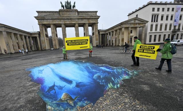 14 January 2026, Berlin: Greenpeace activists display a large-format 3D floor banner depicting high seas biodiversity. The UN High Seas Agreement allows, for the first time globally, the establishment of marine protected areas on the high seas. Photo: Jens Kalaene/dpa