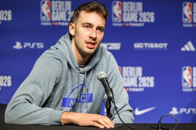 13 January 2026, Berlin: Orlando Magic's Franz Wagner attends a press conference ahead of the NBA regular season match against the Memphis Grizzlies.. Photo: Andreas Gora/dpa