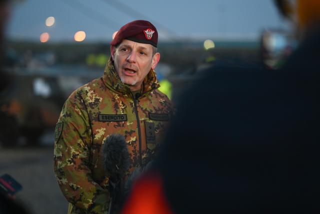 15 January 2026, Lower Saxony, Emden: Italian Major General Nicola Mandolesi, Deputy Chief of Staff Support, speaks to journalists as 'Steadfast Dart,' The North Atlantic Treaty Organization's (NATO) largest multinational exercise of the year, gets underway. Photo: Lars Penning/dpa