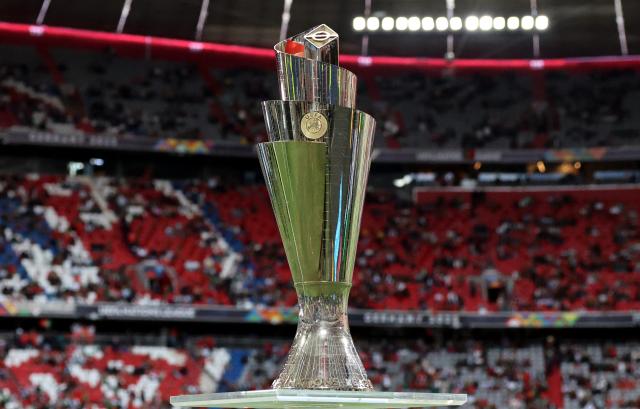 FILED - 08 June 2025, Bavaria, Munich: The UEFA Nations League trophy placed in the stadium before the UEFA Nations League final between Portugal and Spain at Munich Football Arena. Photo: Christian Charisius/dpa