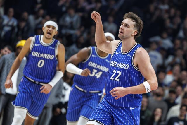 15 January 2026, Berlin: Orlando Magic's Franz Wagner celebrates during the NBA game between Orlando Magic and Memphis Grizzlies at Uber Arena. Photo: Andreas Gora/dpa