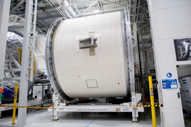 FILED - 18 November 2025, Bremen: An intertank structure for the lower stage of an Ariane 6 launcher is displayed at the ArianeGroup plant. Franco-German space company ArianeGroup is intending to double the number of launches of its Ariane 6 rocket carrier this year. Photo: Hauke-Christian Dittrich/dpa