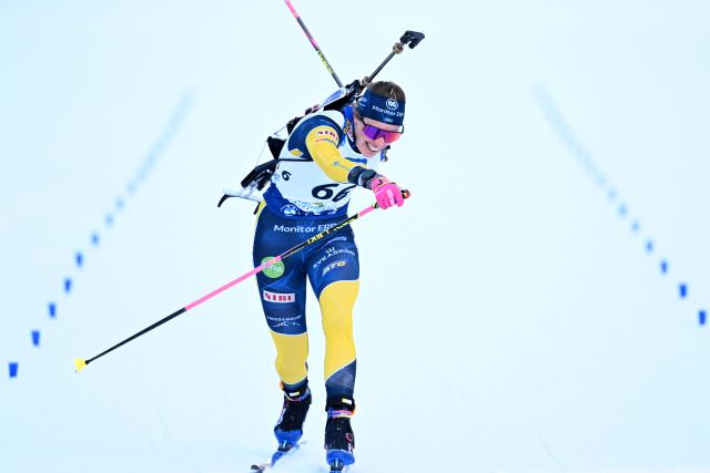 16 January 2026, Bavaria, Ruhpolding: Sweden's Elvira Oeberg crosses the finish line of the women's 7.5 km sprint during the IBU Biathlon World Cup in Ruhpolding. Photo: Sven Hoppe/dpa
