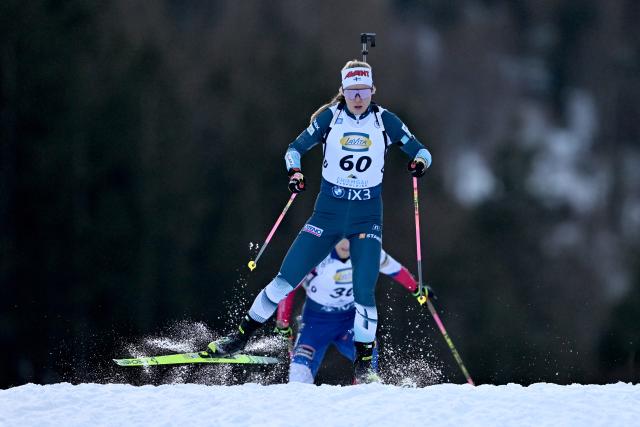 16 January 2026, Bavaria, Ruhpolding: Finland's Suvi Minkkinen competes the women's 7.5 km sprint race during the IBU Biathlon World Cup in Ruhpolding. Photo: Sven Hoppe/dpa
