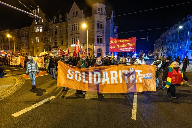 16 January 2026, Brandenburg, Cottbus: People take part in a demonstration against right-wing violence under the slogan "You attack us - we stand together" in Cottbus. Photo: Frank Hammerschmidt/dpa