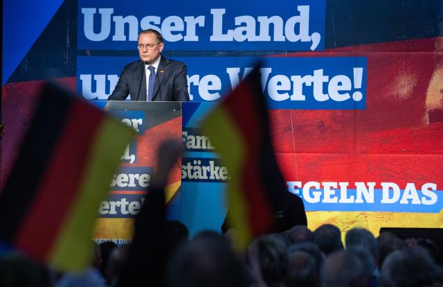 16 January 2026, Rhineland-Palatinate, Idar-Oberstein: Chairman of the Alternative for Germany (AfD), Tino Chrupalla, speaks at the election campaign kick-off event of the AfD Rhineland-Palatinate. Photo: Harald Tittel/dpa