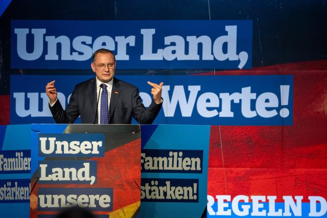 16 January 2026, Rhineland-Palatinate, Idar-Oberstein: Chairman of the Alternative for Germany (AfD), Tino Chrupalla, speaks at the election campaign kick-off event of the AfD Rhineland-Palatinate. Photo: Harald Tittel/dpa