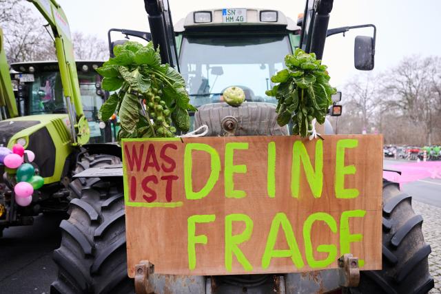 17 January 2026, Berlin: A poster on a tractor reading "What's your question?" is seen during a demonstration under the motto "We're fed up" during the International Green Week. Photo: Annette Riedl/dpa