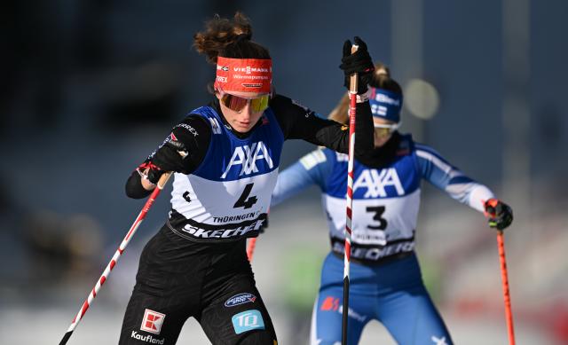 17 January 2026, Thuringia, Oberhof: Germany's Nathalie Armbruster competes in the Women's individual compact normal hill event of the FIS Nordic Combined World Cup in Oberhof. Photo: Hendrik Schmidt/dpa